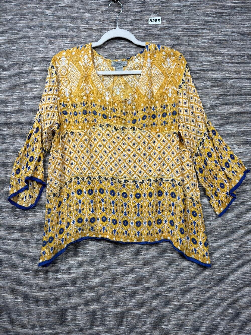 World Market Tunic Top Womens Size S/M Yellow Blue Boho 3/4 Sleeve Peasant